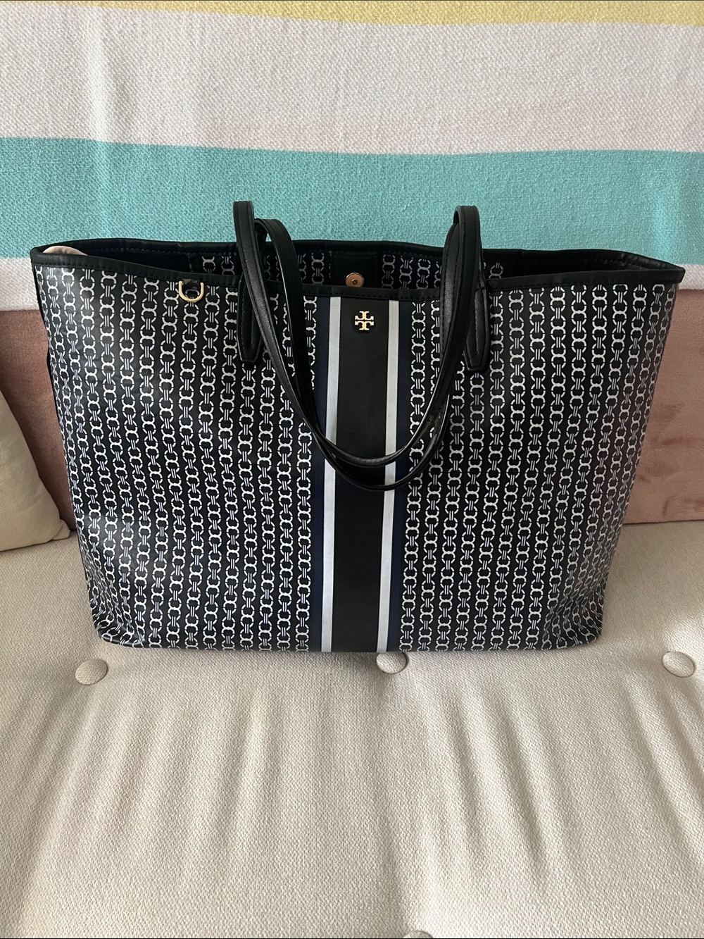Tory Burch Black Monogram Stripe Tote with Center Plaque